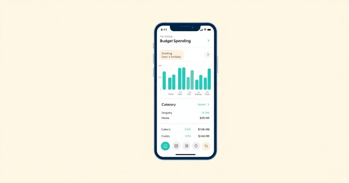 Flat editorial illustration of a smartphone displaying a budgeting app interface with spending charts on a warm cream background with teal accents.