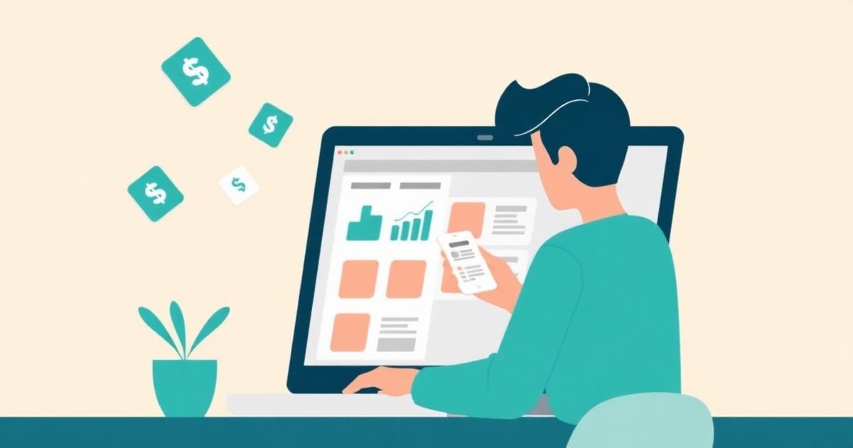 Flat editorial illustration of a person comparing budget apps on a laptop screen with app icons floating nearby, warm cream background with teal accents.