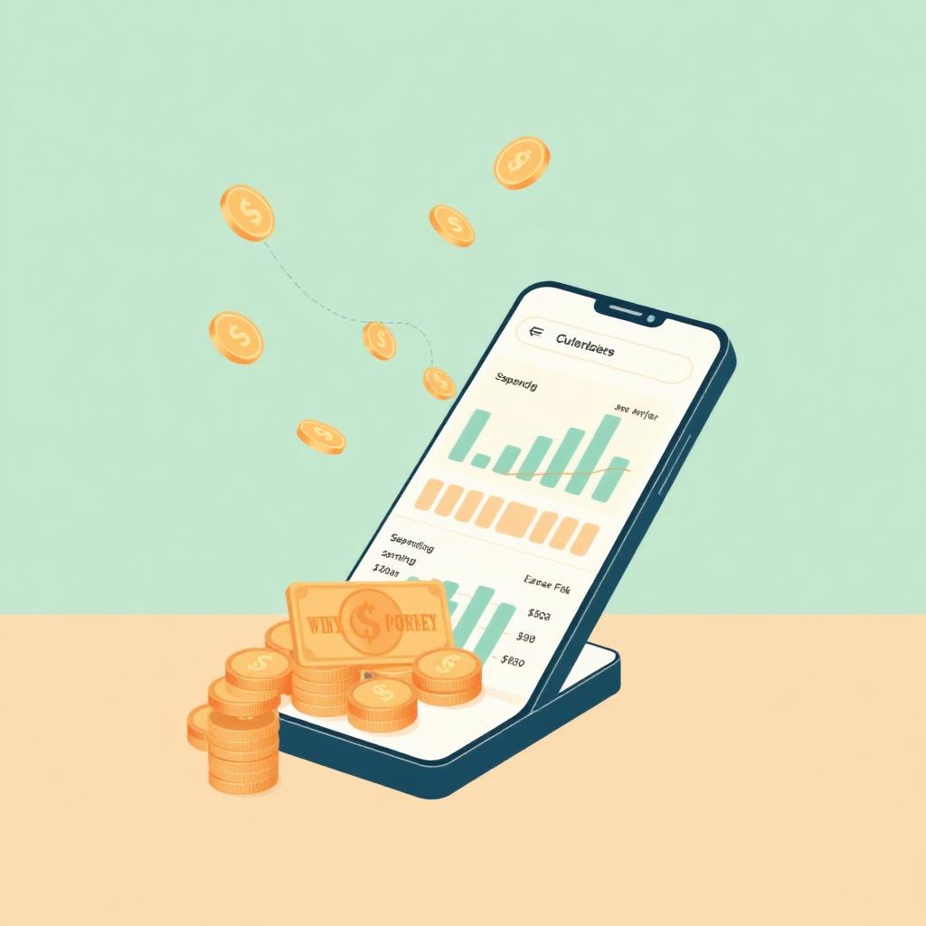 Flat editorial illustration of a smartphone showing an automated budgeting app with categorized spending bars and coins flowing in via a bank connection.