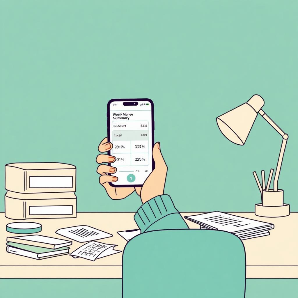 Calm illustration of a person holding a phone showing a simple weekly money summary on a soft teal background.