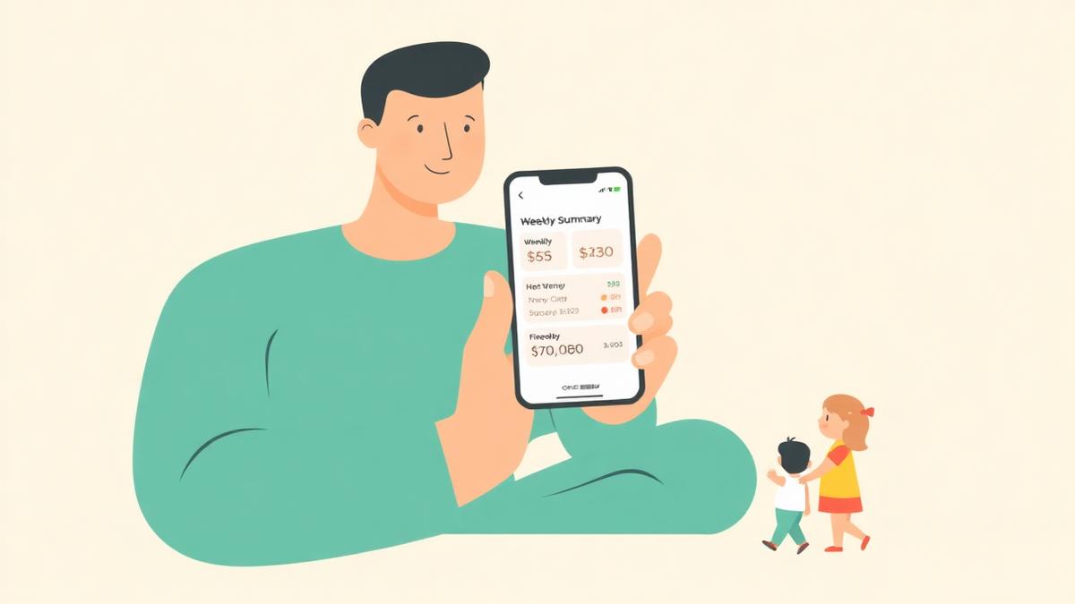Flat illustration of a parent holding a phone showing a simple weekly money summary, with a child nearby, on a warm neutral background.