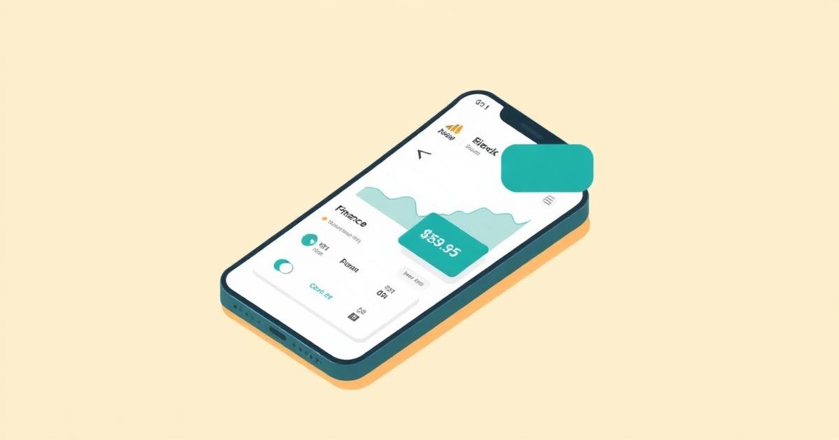 Flat illustration of a smartphone showing a polished finance app dashboard beside a teal price tag, on a warm cream background.