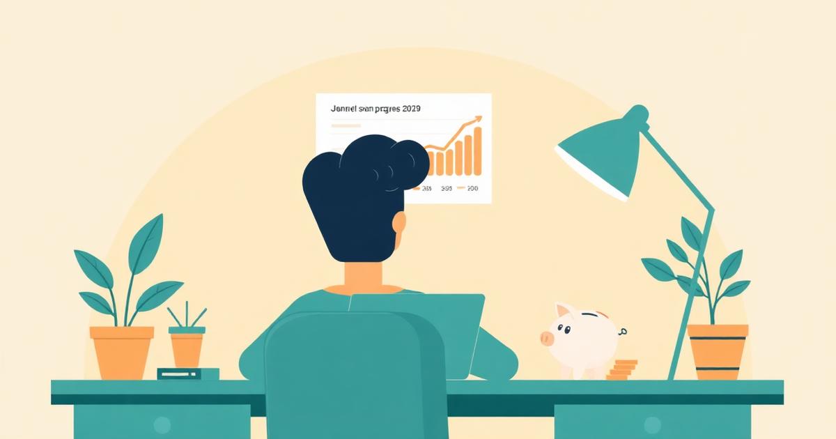 Flat editorial illustration of a person at a cozy desk reviewing savings progress on a laptop showing a growing savings chart and dollar amounts, with a small piggy bank, coins, and a house plant nearby, warm cream background with teal accents.