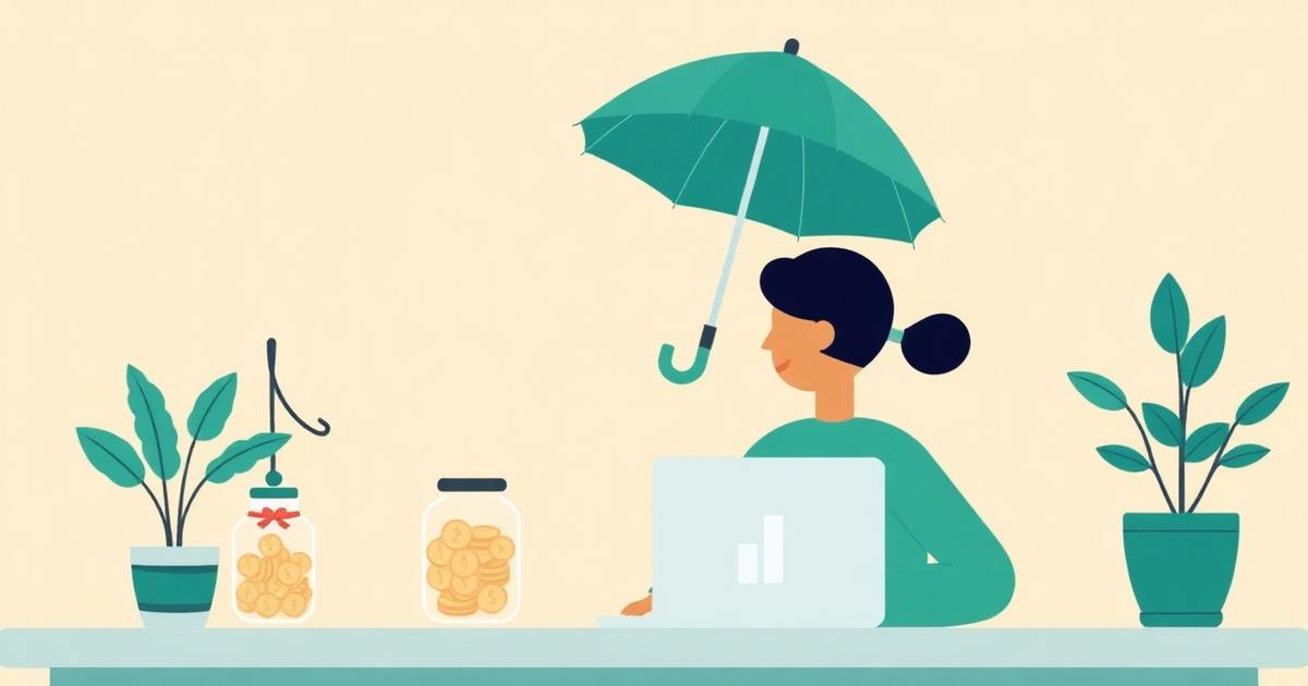 Flat editorial illustration of a person building a financial safety net at a desk with a laptop showing a growing savings bar chart, an emergency fund jar filled with coins, and a small umbrella symbolizing protection, warm cream background with teal accents.