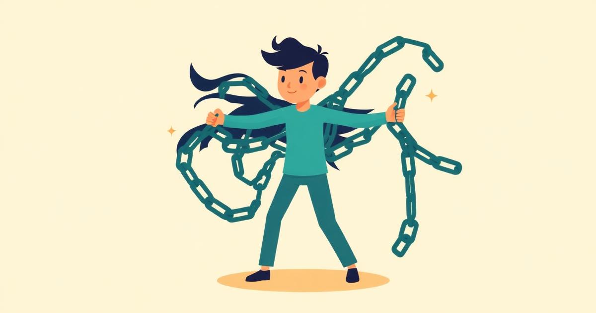 Flat editorial illustration of a person calmly breaking free from tangled debt chains, with a warm cream background and teal accents.
