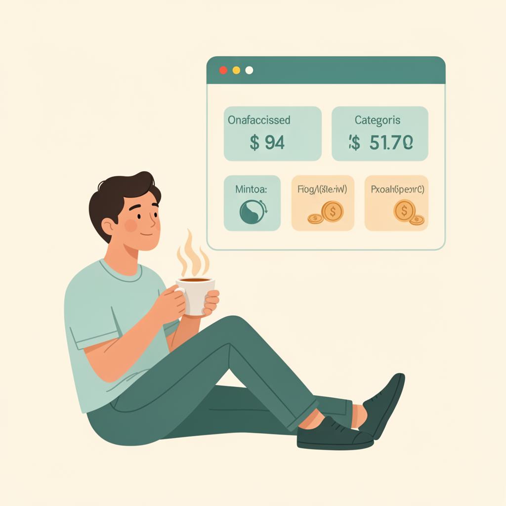 Flat illustration of a relaxed person enjoying a warm drink while a simple, calm spending dashboard glows softly in the background — representing stress-free money management without budgeting.