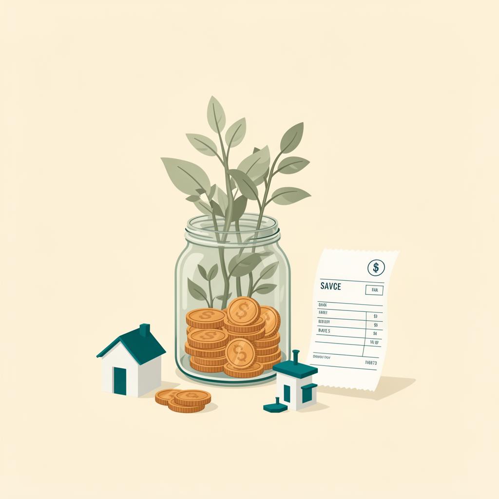 Flat editorial illustration of a savings jar with growing plants and coins on a warm cream background with teal accents.