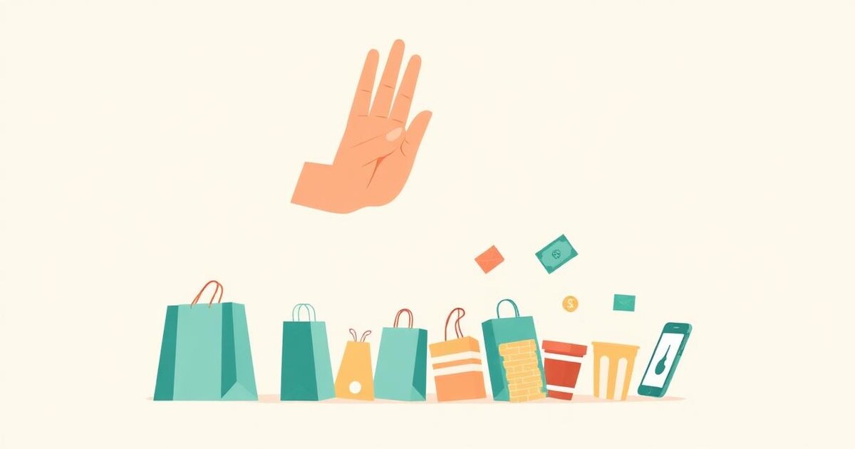 Flat illustration of a calm hand raised in a 'stop' gesture above a row of teal shopping bags, takeout cups, and a phone showing tap-to-pay — representing pausing impulse purchases — on a warm cream background.