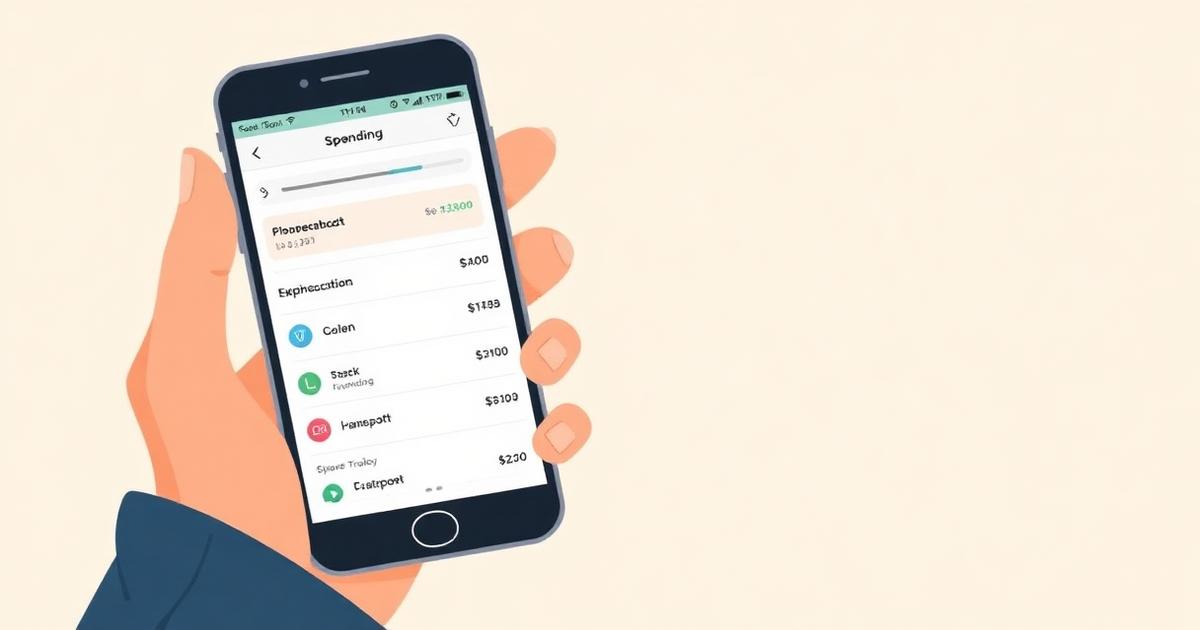 Flat editorial illustration of a hand holding a smartphone showing clean spending tracking categories and transaction list, with a warm cream background and teal accents.