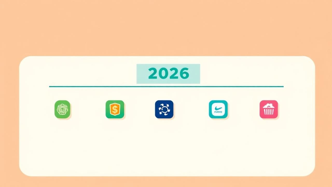 Flat editorial illustration comparing seven personal finance app icons in a row on a warm cream background with a teal 2026 banner.