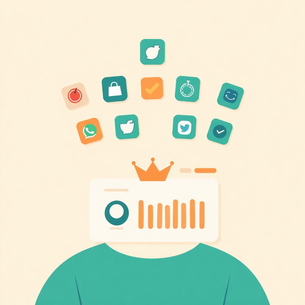 Flat editorial illustration of a person calmly comparing eight app icons above a simple dashboard card, warm cream background with teal accents.
