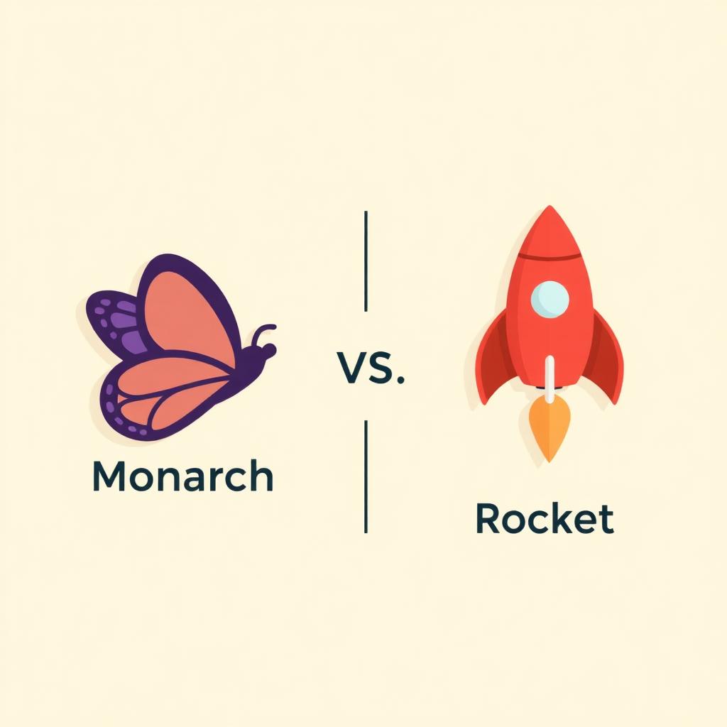 Flat editorial illustration comparing a purple monarch butterfly icon and a red rocket icon on a warm cream background — Monarch Money vs Rocket Money.