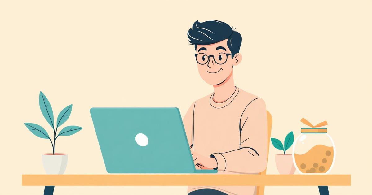 Flat editorial illustration of a confident young adult at a modern desk with a laptop showing financial charts, a savings jar, and a small plant, with a warm cream background and teal accents.