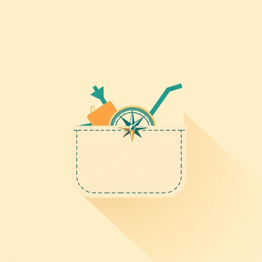Flat editorial illustration of a pocket with a compass and alternate paths on warm cream background with teal accents, symbolizing alternatives to PocketGuard.