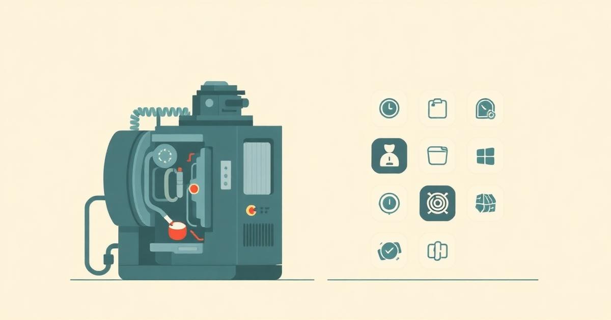 Flat editorial illustration of a complex machine on the left and seven simpler app icons on the right, on a warm cream background with teal accents, symbolizing simpler alternatives to Quicken.