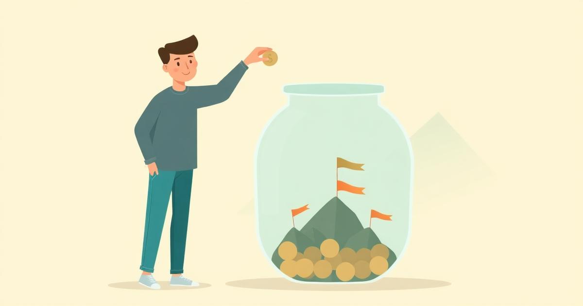 Flat illustration of a person happily dropping a coin into a large glass savings jar shaped like a house, with small milestone flags and a distant mountain peak, on a warm cream background with teal accents.