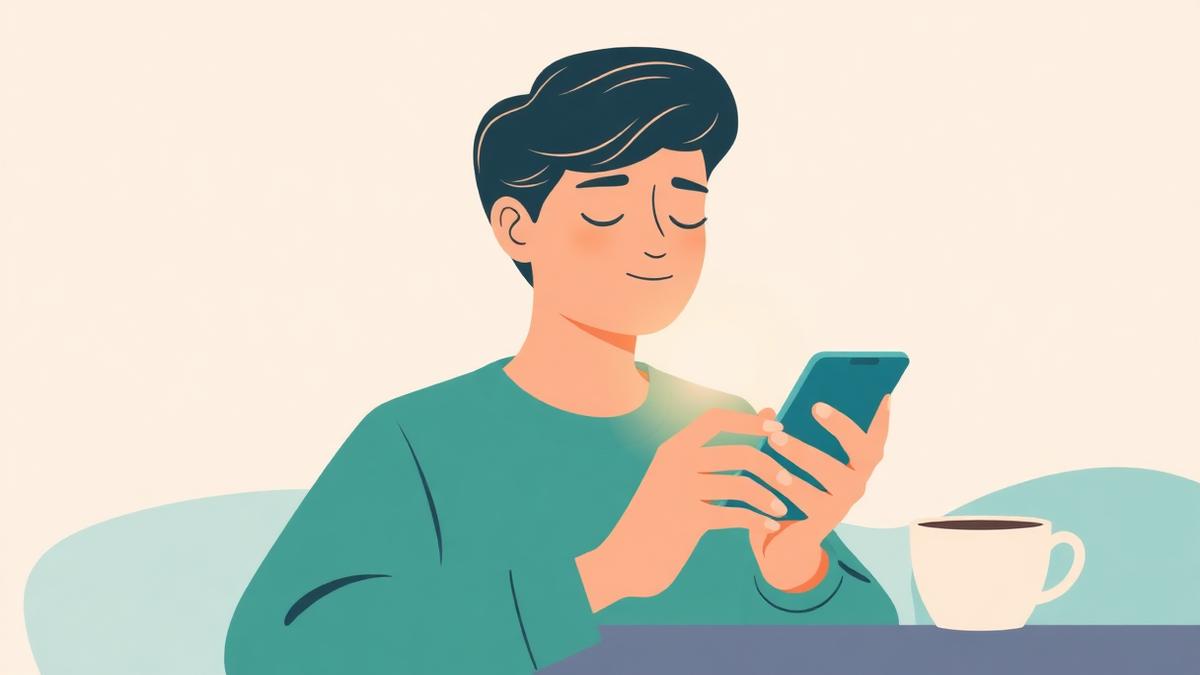 Calm illustration of a person taking a breath while gently opening a banking app on their phone with a coffee cup nearby.