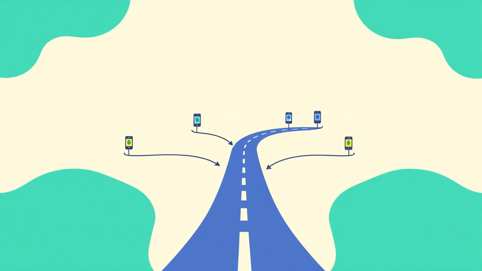 Flat editorial illustration of a road diverging into seven alternate paths on warm cream background with teal accents, symbolizing alternatives to Simplifi.