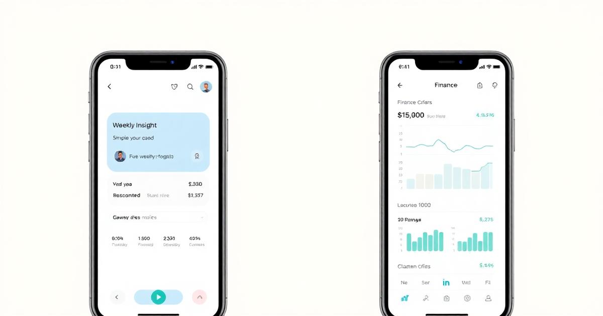 Flat editorial illustration of two modern finance app interfaces side by side for comparison, warm cream background with teal accents.