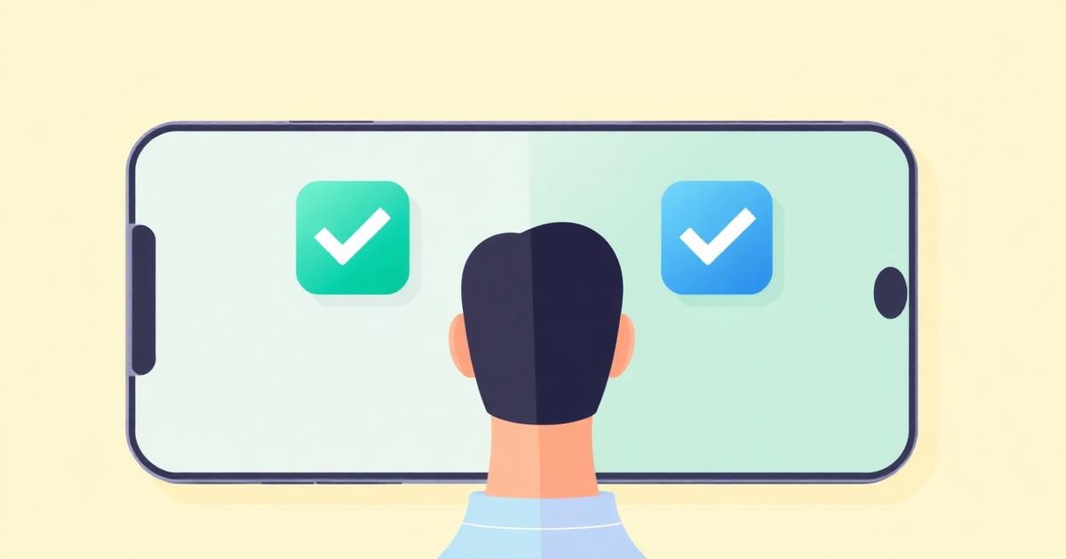 Flat editorial illustration of two app icons side by side with a checkmark comparison between them, warm cream background with teal accents.