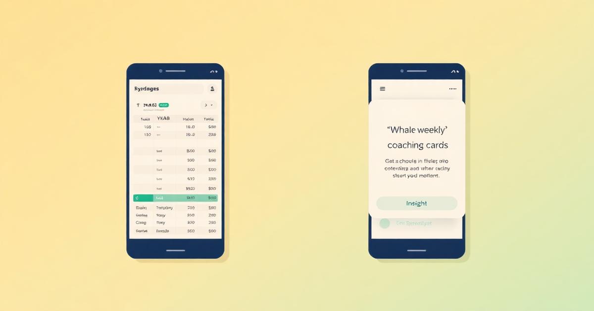 Flat editorial illustration comparing a budgeting spreadsheet and a weekly coaching card, warm cream background with teal accents.