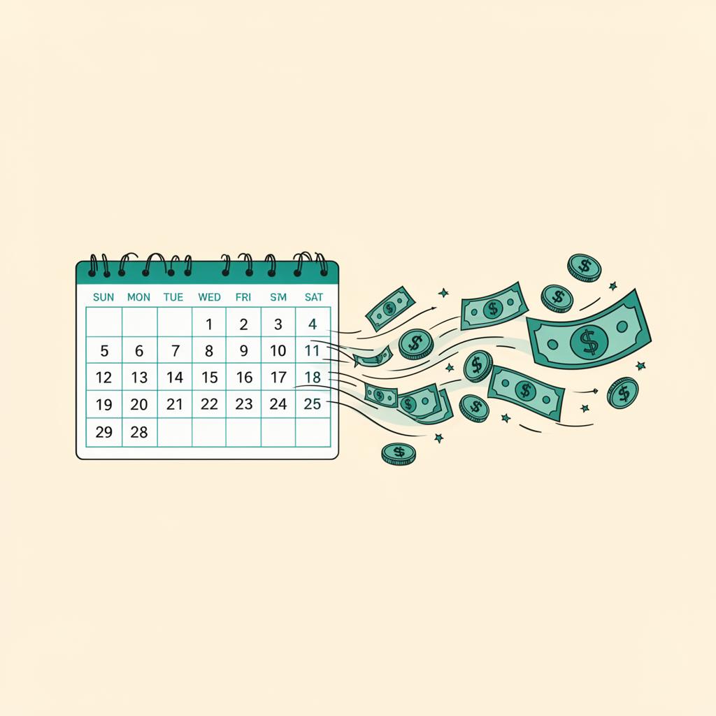 Flat editorial illustration of a calendar with money flowing smoothly from month to month on a warm cream background with teal accents.