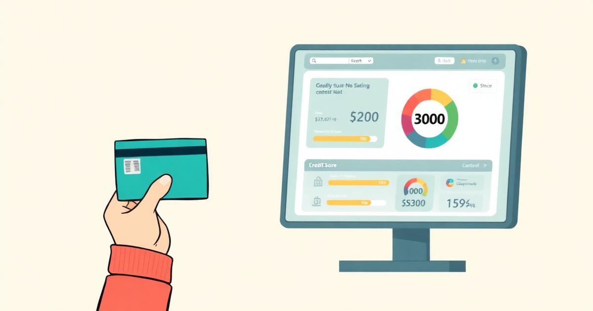 Flat editorial illustration of a person confidently reviewing a glowing credit score dashboard on a screen, with a credit card and UI elements, warm cream background with teal accents.