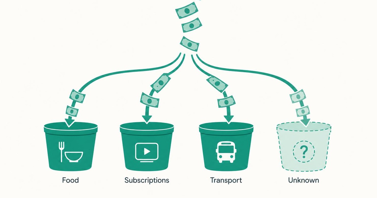 Flat illustration of teal dollar bills flowing from above and splitting into four labeled buckets — Food, Subscriptions, Transport, and a dashed 'Unknown' bucket — on a cream background, showing where monthly spending goes.