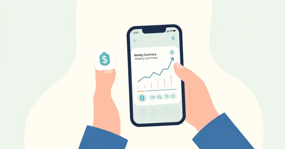 Flat editorial illustration of a person calmly setting down a phone, with a soft weekly spending summary card floating beside it.