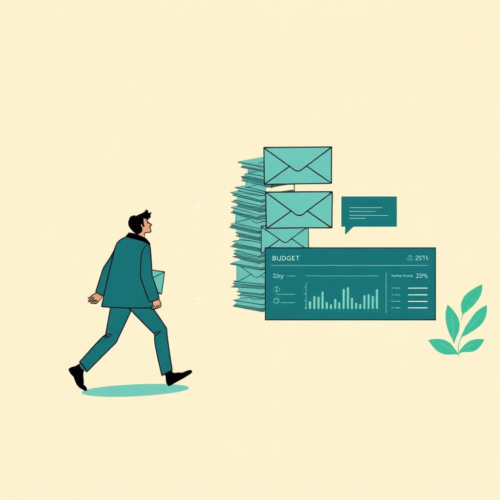 Flat editorial illustration of a person walking away from a stack of budget envelopes toward a simple calm dashboard, warm cream background with teal accents.