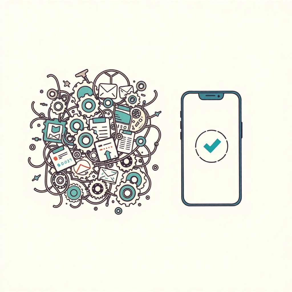 Flat editorial illustration contrasting a tangled complicated budgeting dashboard on the left with a single calm smartphone showing one number and a teal checkmark on the right.